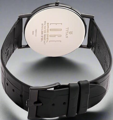 Back View Of Titan NS1595NL01 Edge Slim Analog Watch for Men with Black Dial and Leather Strap. Ultra-slim design with stainless steel case and sapphire glass.
