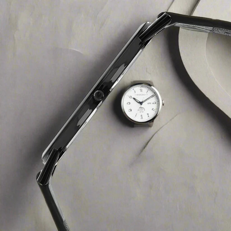 Side View Of Titan NS1595NL01 Edge Slim Analog Watch for Men with Black Dial and Leather Strap. Ultra-slim design with stainless steel case and sapphire glass.
