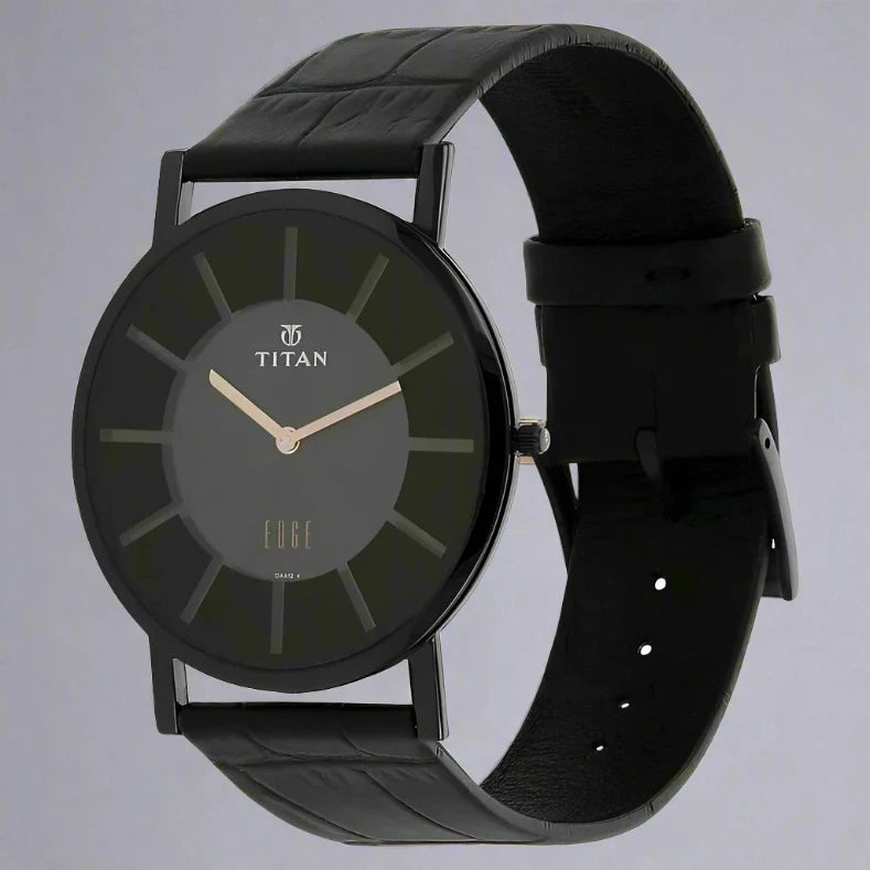 Side View Of Titan NS1595NL01 Edge Slim Analog Watch for Men with Black Dial and Leather Strap. Ultra-slim design with stainless steel case and sapphire glass.