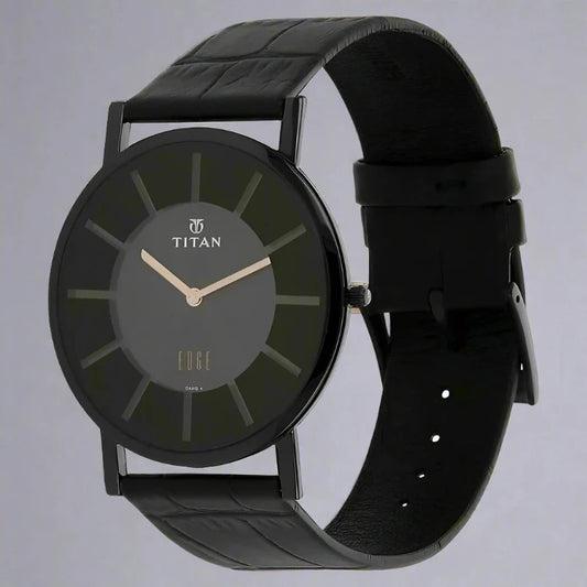 Side View Of Titan NS1595NL01 Edge Slim Analog Watch for Men with Black Dial and Leather Strap. Ultra-slim design with stainless steel case and sapphire glass.
