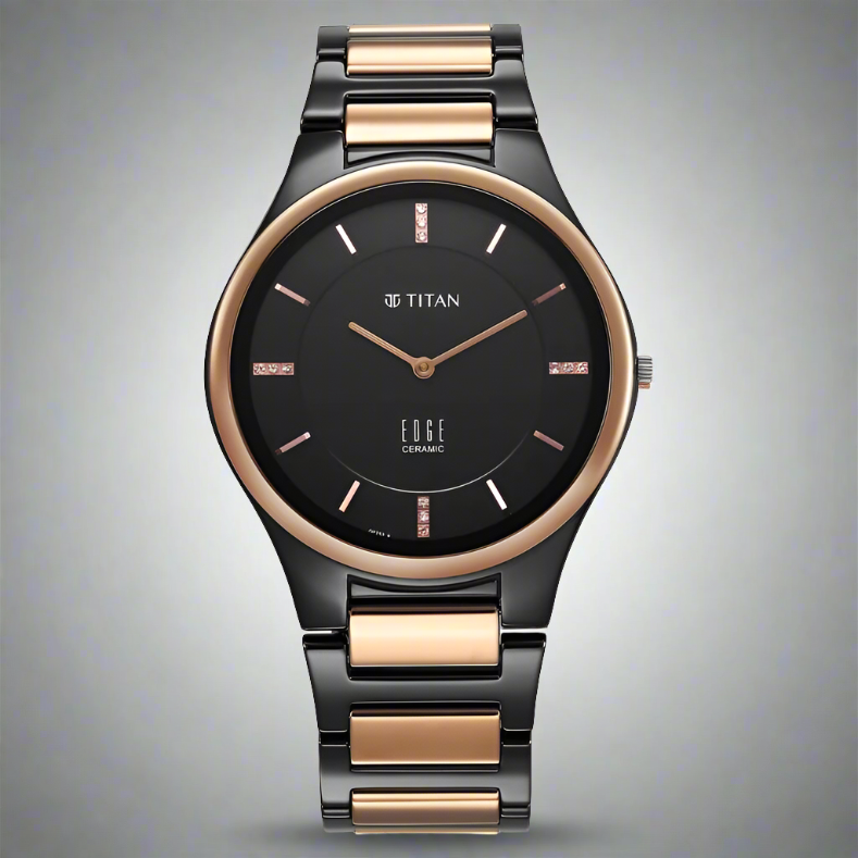 Titan NS1696KC01 Edge Ceramic Slim Analog Watch for Men with Black Dial and Two-Toned Ceramic Strap.