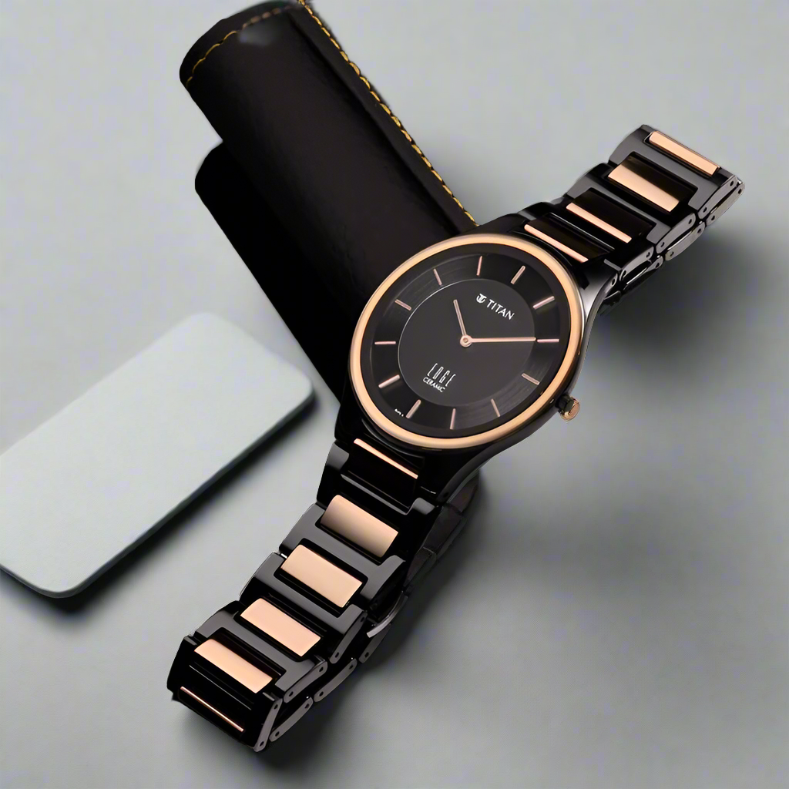Titan NS1696KC01 Edge Ceramic Slim Analog Watch for Men with Black Dial and Two-Toned Ceramic Strap.
