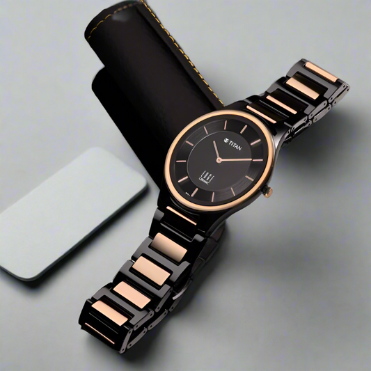 Titan NS1696KC01 Edge Ceramic Slim Analog Watch for Men with Black Dial and Two-Toned Ceramic Strap.