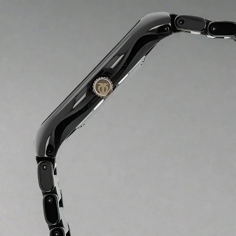 Side View Of Titan NS90014KC02A Quartz Analog Black Dial Ceramic Strap Watch for Men featuring a sleek black dial with rose gold accents, a durable ceramic case, and a butterfly clasp for a modern and elegant look.