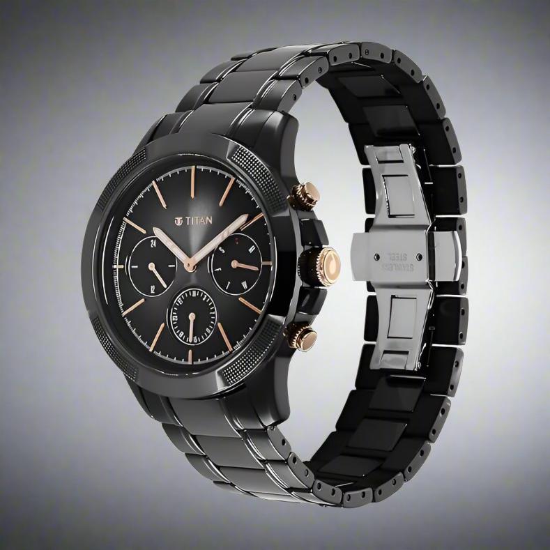 Side View Of Titan NS90090KD03 Quartet Black Dial Analog Watch for Men with Day and Date, featuring a two-toned steel & ceramic strap and a stylish black dial.