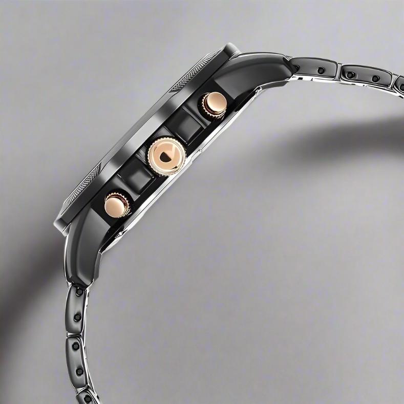 Side View Of Titan NS90090KD03 Quartet Black Dial Analog Watch for Men with Day and Date, featuring a two-toned steel & ceramic strap and a stylish black dial.