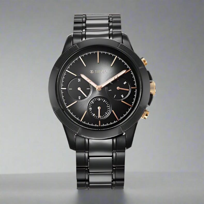 Titan NS90090KD03 Quartet Black Dial Analog Watch for Men with Day and Date, featuring a two-toned steel & ceramic strap and a stylish black dial.