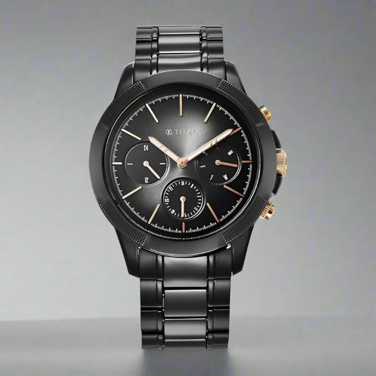 Titan NS90090KD03 Quartet Black Dial Analog Watch for Men with Day and Date, featuring a two-toned steel & ceramic strap and a stylish black dial.