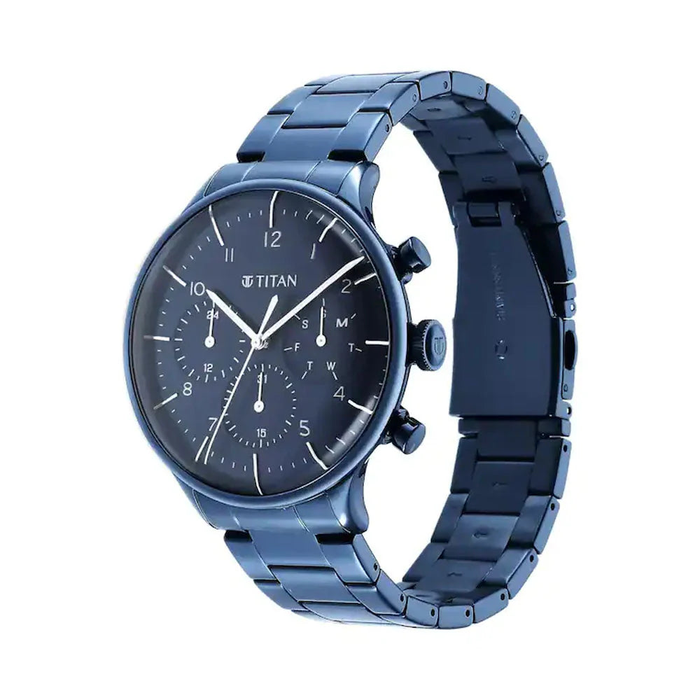 Side View Of Titan NS90102QM01 Urban Magic Blue Dial Multifunction Stainless Steel Strap Watch for Men – a stylish and durable timepiece with a striking blue dial and multifunction display.