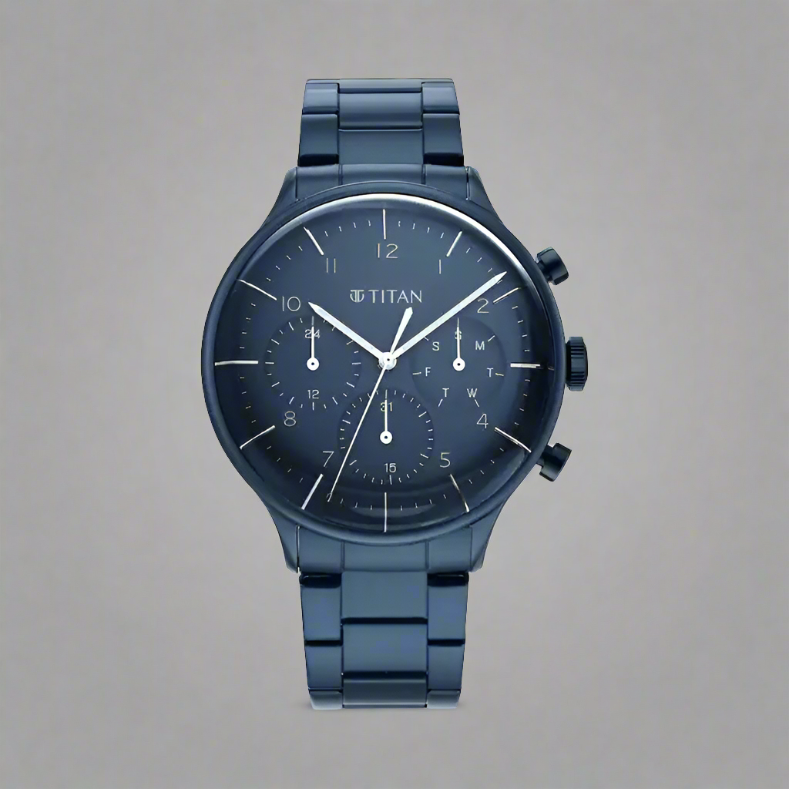 Titan NS90102QM01 Urban Magic Blue Dial Multifunction Stainless Steel Strap Watch for Men – a stylish and durable timepiece with a striking blue dial and multifunction display.