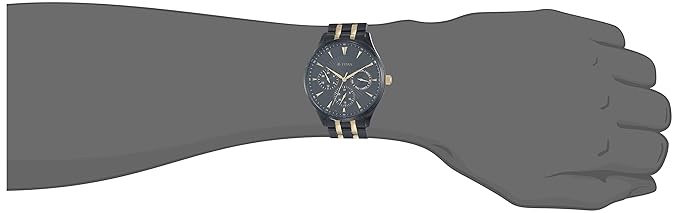 Wearing View Of Titan NS90127KM01 Regalia Opulent Black Dial Multifunction Stainless Steel Strap Watch for Men with dual-tone design, day, date, and 24-hour subdials.