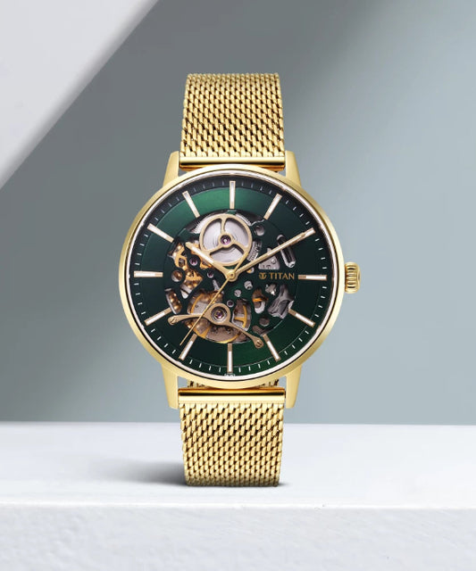 Titan NS90159ym01 Mechanical Slimline Green Dial Stainless Steel Strap Watch for Men