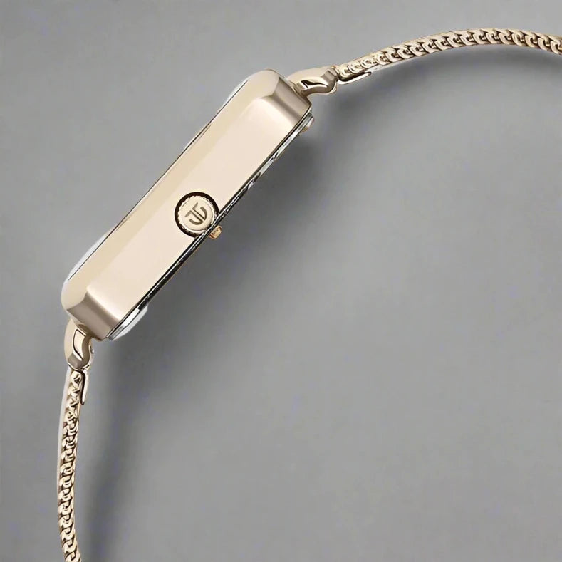Side Look Of Titan NS95181WM01 Slimline Quartz Analog Watch featuring a mother-of-pearl dial and rose gold stainless steel strap, designed for elegant style.