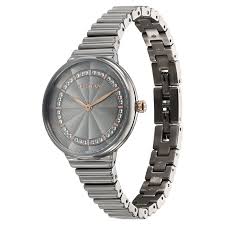Side View Of Titan NT95245KM02 Aura Quartz Analog Grey Dial Stainless Steel Watch for Women with a sleek design and jewellery clasp.