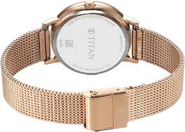 Back View Of Titan Purple Style Up Quartz Analog Pink Dial Stainless Steel Strap Watch for Women NS95236WM03 - Chic pink dial with a rose gold stainless steel strap.