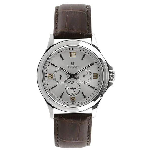 Titan Quartz Multifunction Silver Dial Leather Strap Watch for Men with Brown Leather Strap and Elegant Design