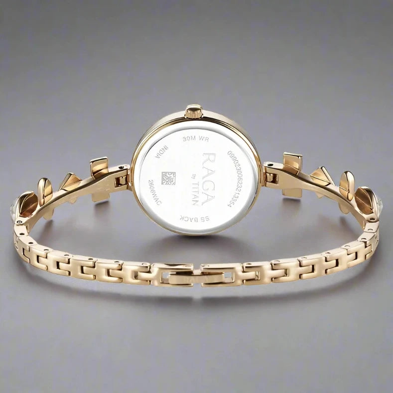 Back View Of Titan Raga Viva Quartz Analog Champagne Dial Metal Strap Watch for Women NS2606WM12 - A perfect blend of elegance and timeless style