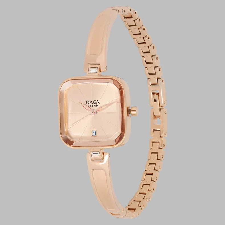 Side View Of Titan Raga Viva Rose Gold Dial Women Watch With Metal Strap NS2607WM01 - Analog watch with date function and elegant jewelry clasp.