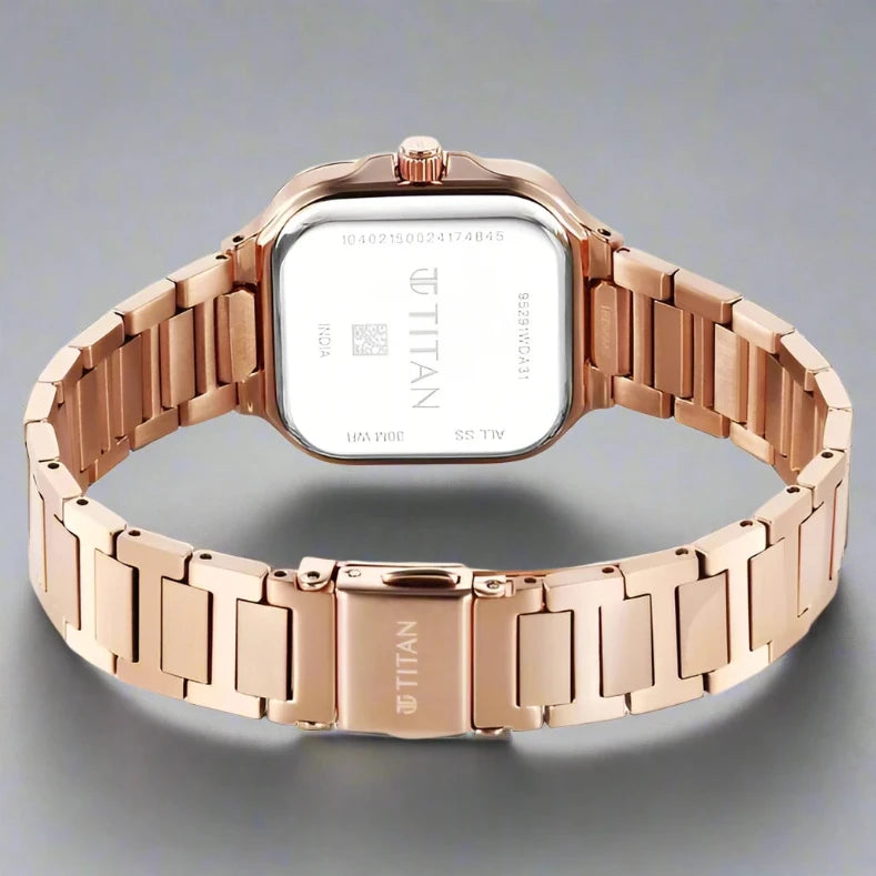 Back View Of Titan Slim Square Quartz Analog Lavender Dial Watch 95291WM01 with a rose gold stainless steel strap, perfect for women.