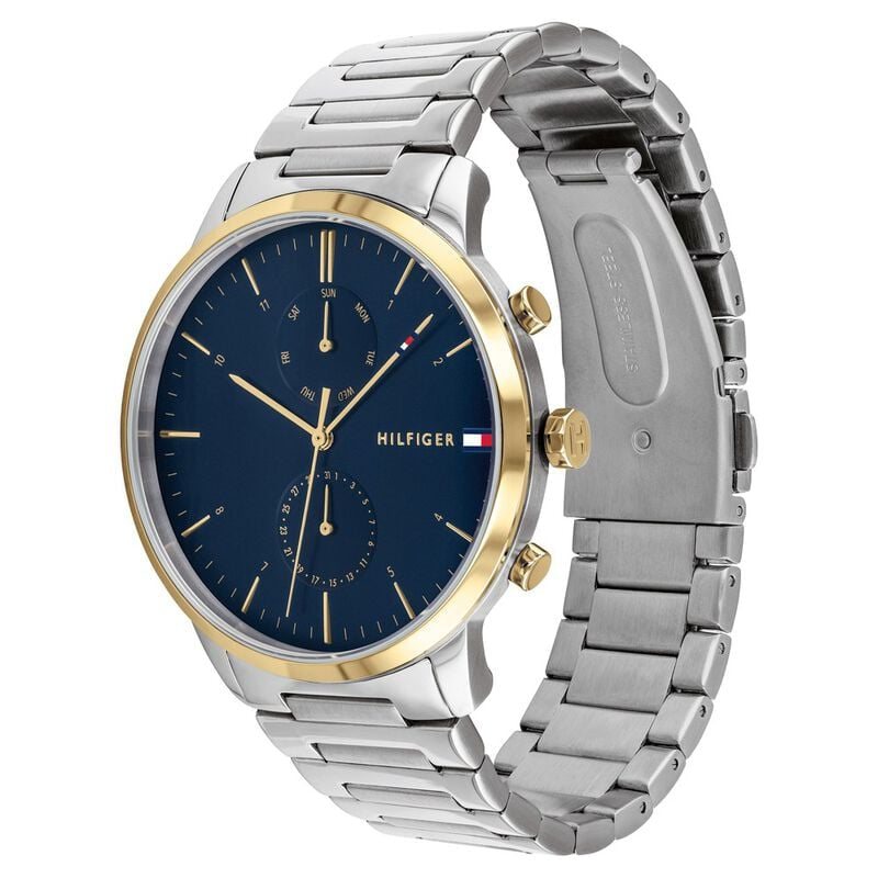 Side View Of Tommy Hilfiger 1710408 Men's Watch with Navy Blue Dial, Silver-Tone Stainless Steel Case, and Bracelet