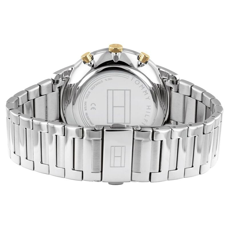 Back View Of Tommy Hilfiger 1710408 Men's Watch with Navy Blue Dial, Silver-Tone Stainless Steel Case, and Bracelet