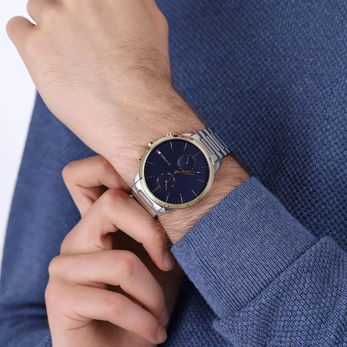 Wearing View Of Tommy Hilfiger 1710408 Men's Watch with Navy Blue Dial, Silver-Tone Stainless Steel Case, and Bracelet