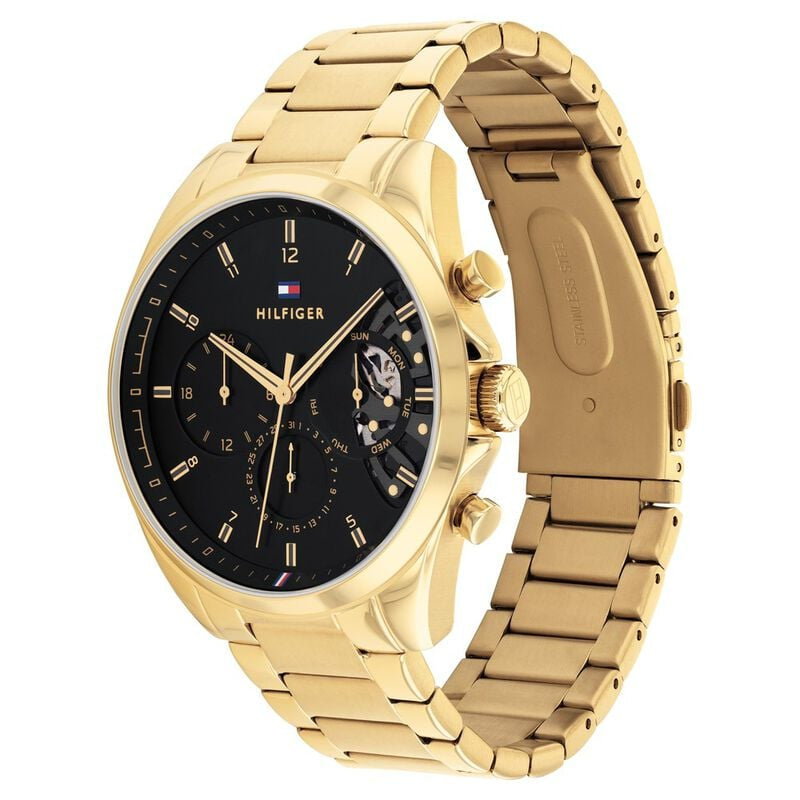 Side View Of Tommy Hilfiger 1710447 Men's Watch with Black Dial, Gold-Tone Stainless Steel Case, and Bracelet