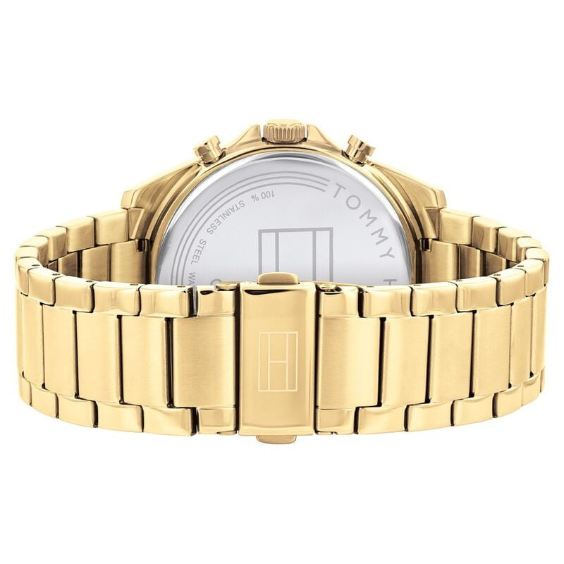 Back View Of Tommy Hilfiger 1710447 Men's Watch with Black Dial, Gold-Tone Stainless Steel Case, and Bracelet