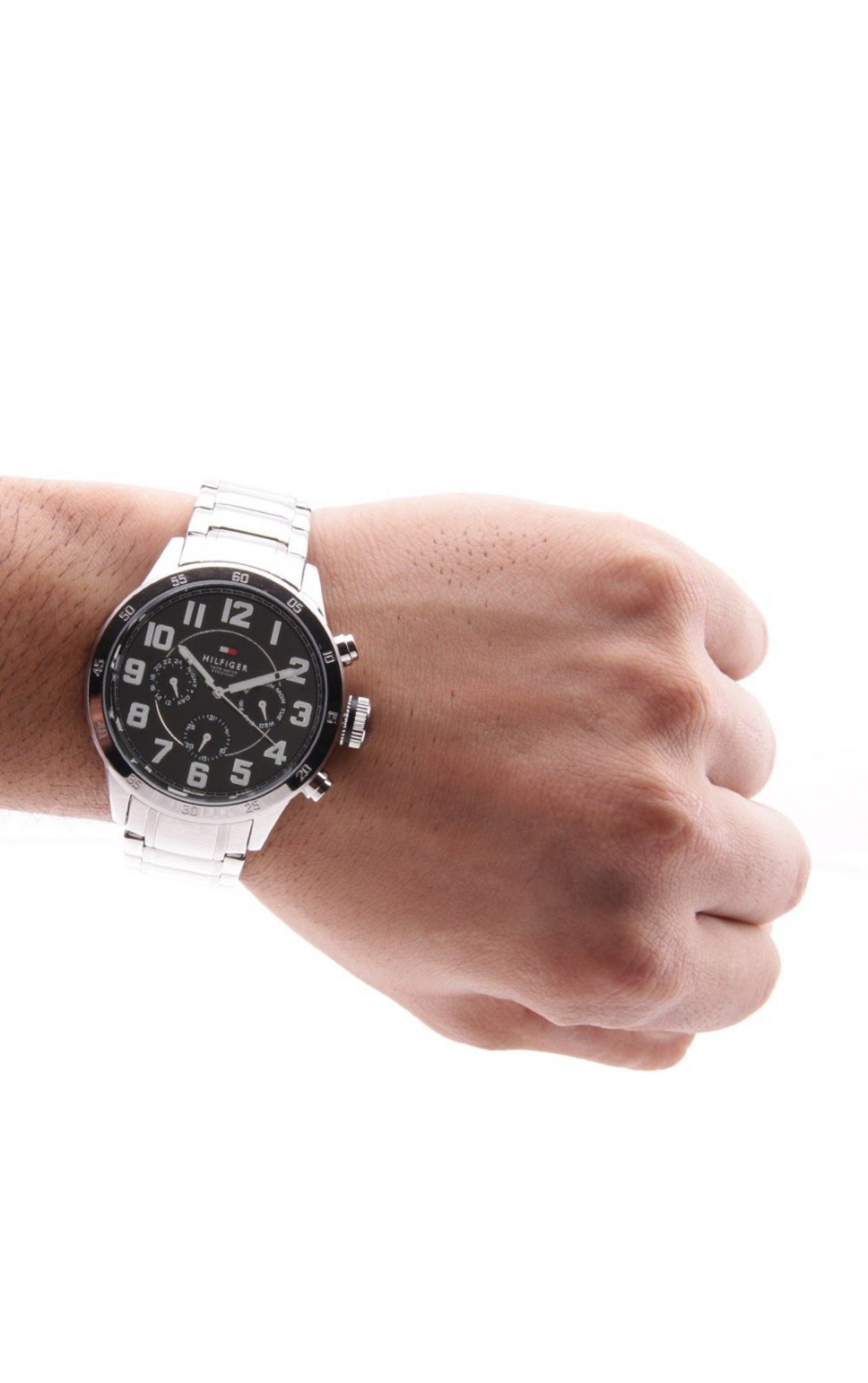 Wearing View Of Tommy Hilfiger 1791054 Men's Chronograph Watch with Silver Stainless Steel Strap and Black Case