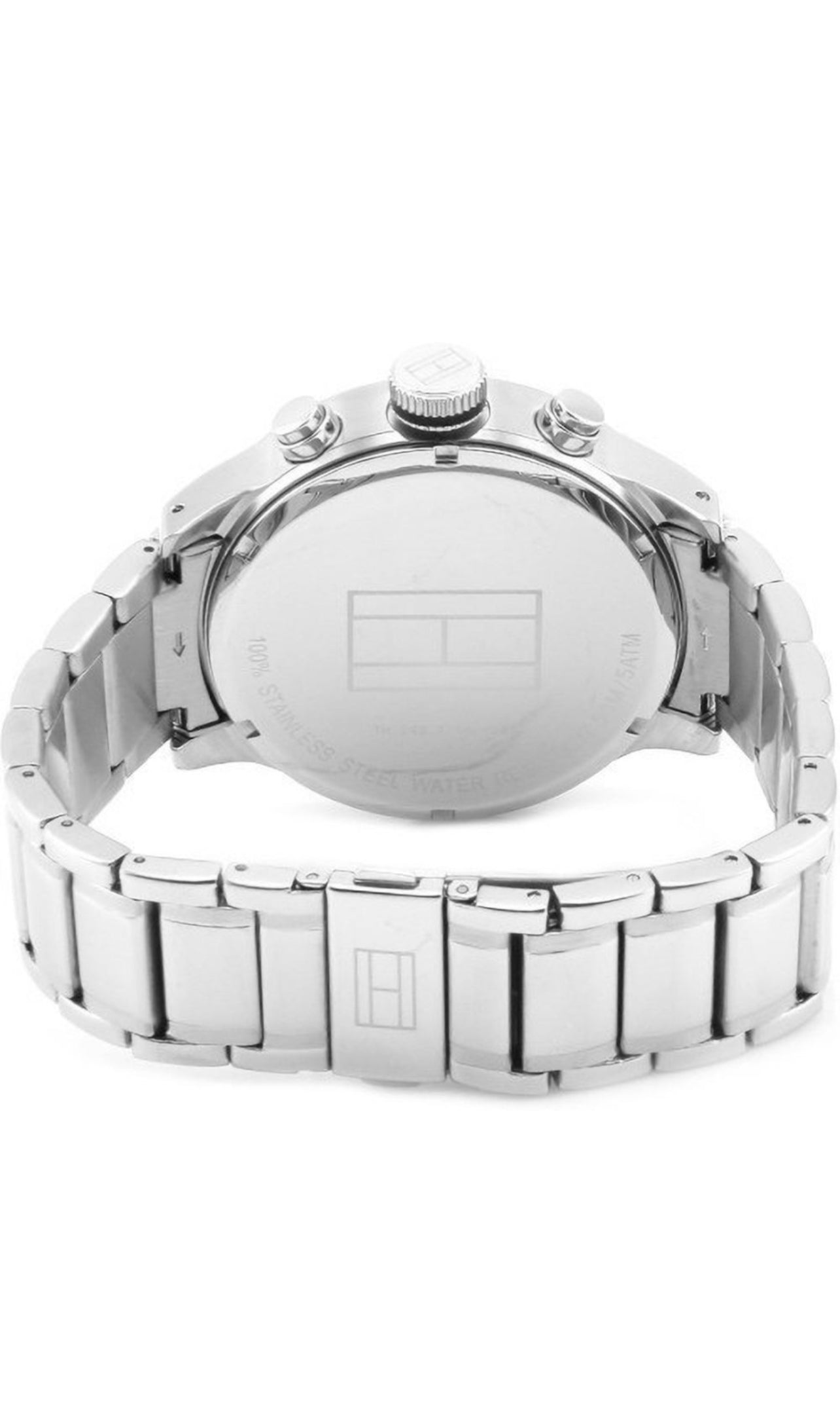 Back View Of Tommy Hilfiger 1791054 Men's Chronograph Watch with Silver Stainless Steel Strap and Black Case