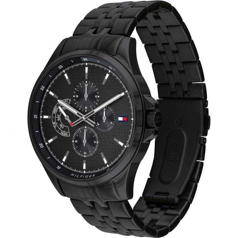 Side View Of Tommy Hilfiger 1791611 Men's Watch with Black Dial, Stainless Steel Case, and Chronograph Functionality