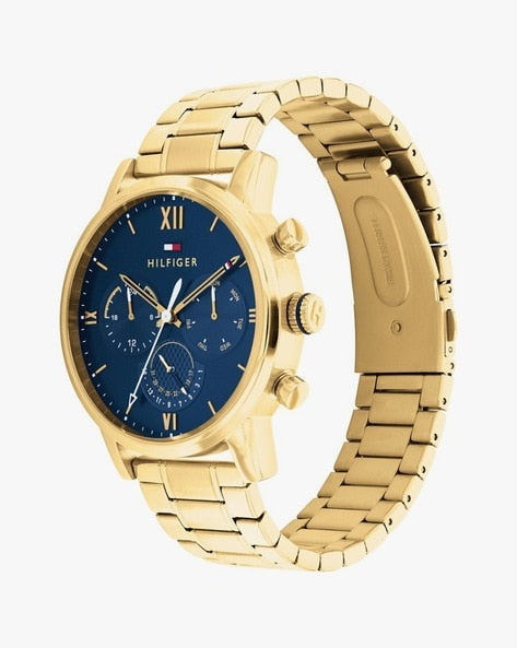 Side View Of Tommy Hilfiger 1791880 Men's Watch with Blue Dial, Gold-Tone Stainless Steel Case, and Chronograph Functionality