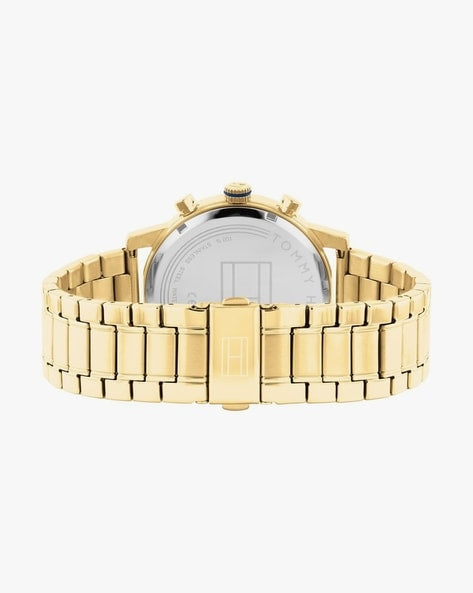 Back View Of Tommy Hilfiger 1791880 Men's Watch with Blue Dial, Gold-Tone Stainless Steel Case, and Chronograph Functionality