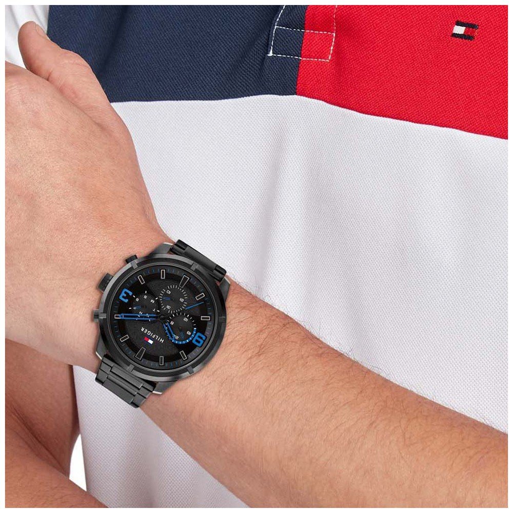 Wearing View Of Tommy Hilfiger 1792070 Men's Watch with White Dial, Stainless Steel Case, and Brown Leather Strap