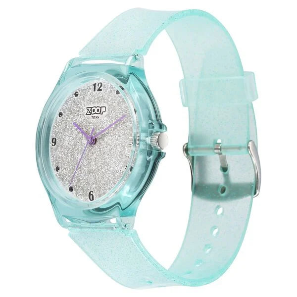 Side View Of Zoop 26030PP02W Glitter Analog Watch with Grey Dial and Green Strap for Girls, Kids Watch from House of Titan