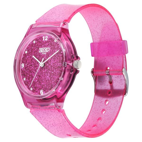 Side View Of Zoop Glitter Analog Watch with pink glitter dial and pink translucent strap for girls, kids watch from House of Titan
