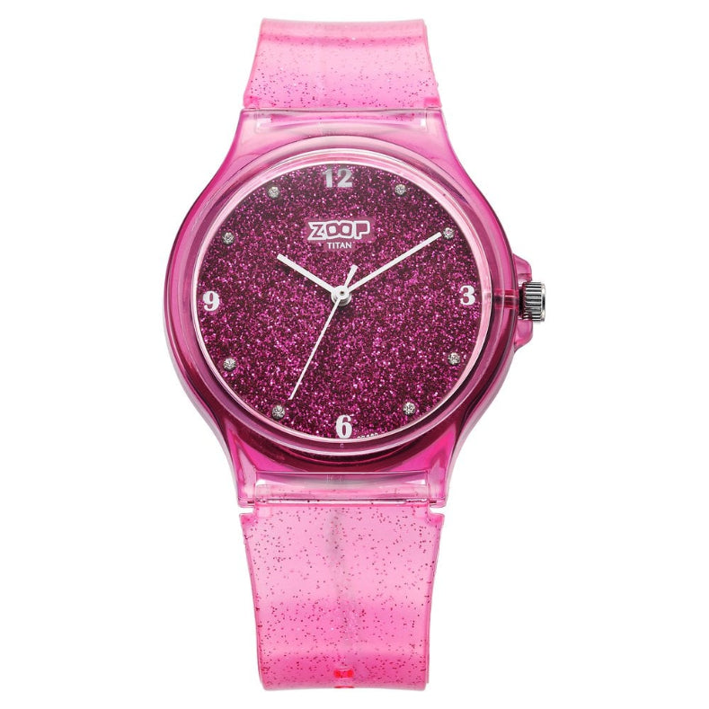 Zoop Glitter Analog Watch with pink glitter dial and pink translucent strap for girls, kids watch from House of Titan