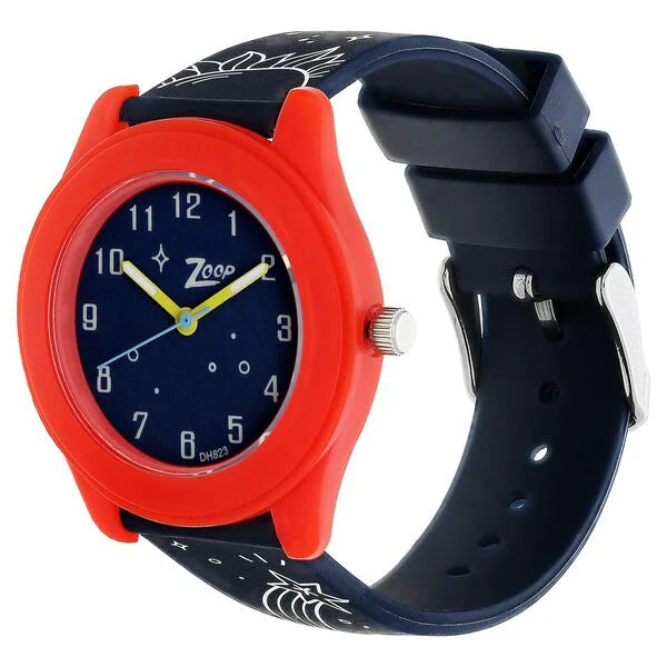 Side View Of Zoop by Titan NP16003PP07 kids analog watch with blue dial, multicolor PU strap, and space-themed design