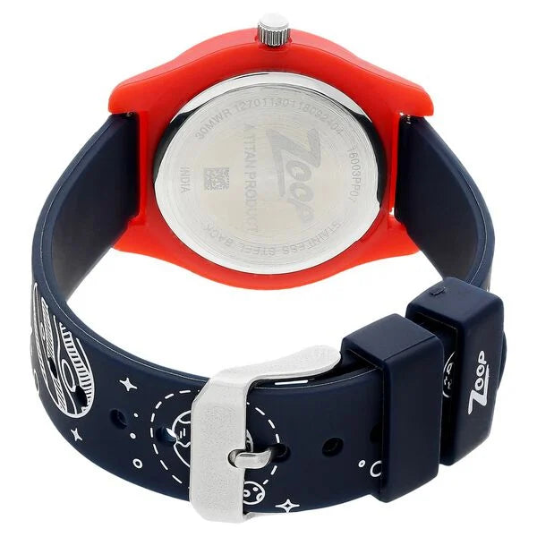 Back View Of Zoop by Titan NP16003PP07 kids analog watch with blue dial, multicolor PU strap, and space-themed design