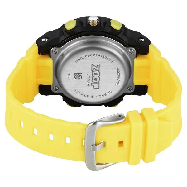 Back View Of Zoop NT26026PP06W analog digital kids watch with stylish black dial and comfortable colorful yellow Titan Zoop strap