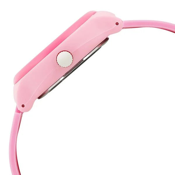 Side View Of Zoop NU26013PP03 Doraemon analog kids watch with white dial and pink strap, fun water-resistant watch for boys and girls
