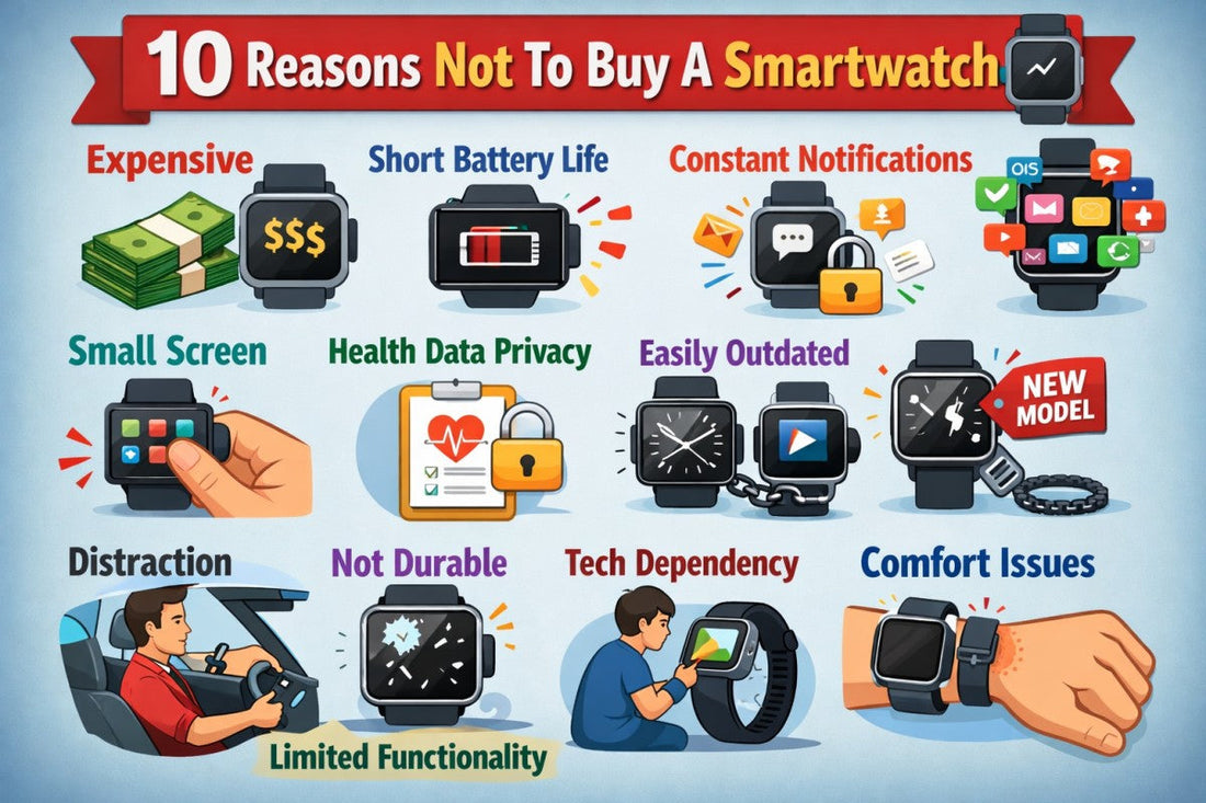 Infographic showing 10 reasons not to buy a smartwatch, including cost, battery life, privacy, and distractions.