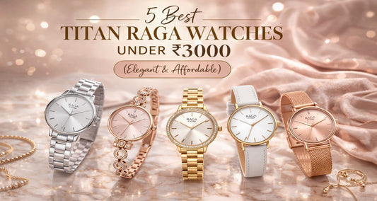 A promotional banner showcasing five elegant Titan Raga women's watches in silver, gold, and rose gold finishes, arranged against a shimmering rose-gold fabric backdrop with text reading "5 Best TITAN RAGA WATCHES UNDER ₹3000.