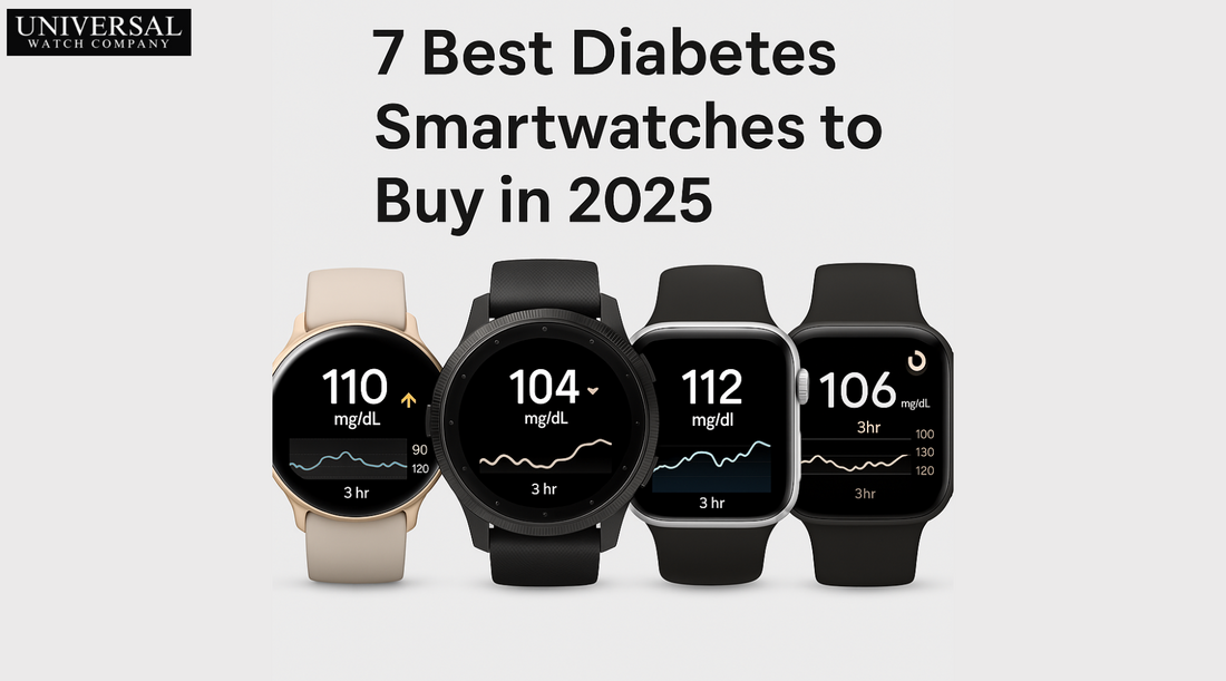 A selection of the best diabetes smartwatches of 2025 displayed side by side with glucose data on screens.