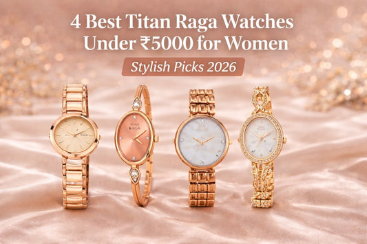 Banner showing four rose gold Titan Raga women’s watches on a soft beige background with text “4 Best Titan Raga Watches Under ₹5000 for Women – Stylish Picks 2026”.