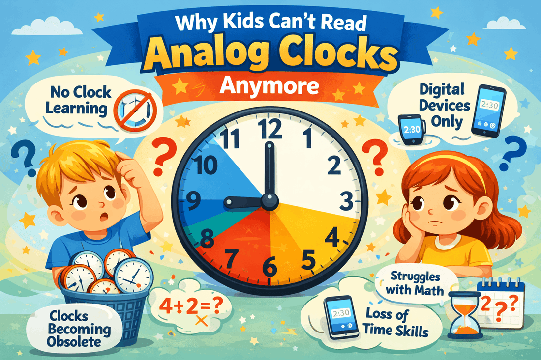 “Illustration showing confused children struggling to read an analog clock, surrounded by digital devices, question marks, and learning icons, highlighting why kids can’t read analog clocks anymore in the digital age.”