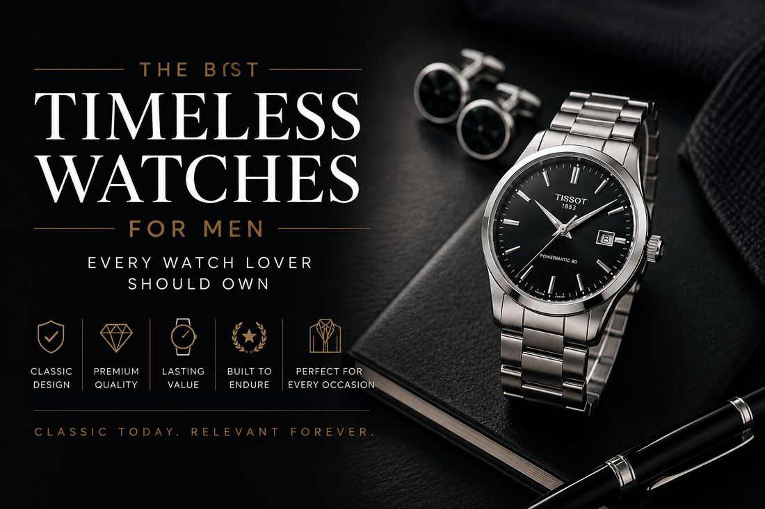 Silver men's watch with a black dial on a luxury dark background, symbolizing timeless style.