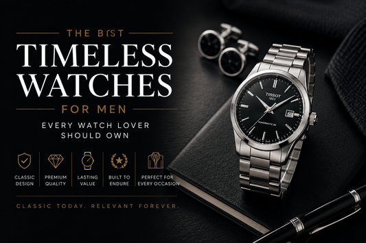 Silver men's watch with a black dial on a luxury dark background, symbolizing timeless style.