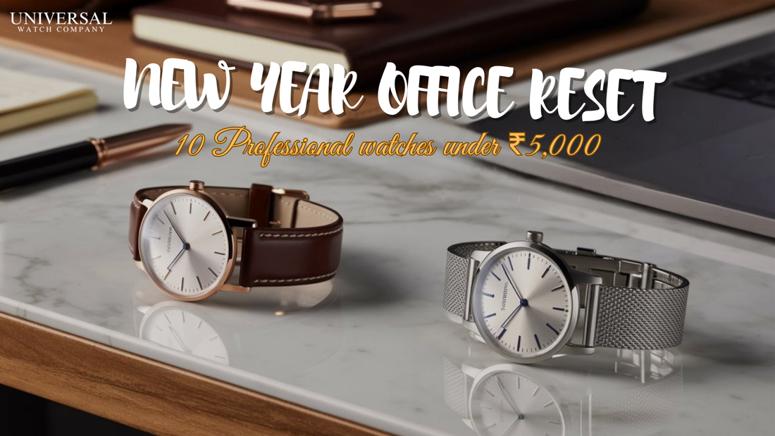 Professional office watches under 5000 displayed on desk for New Year corporate style guide