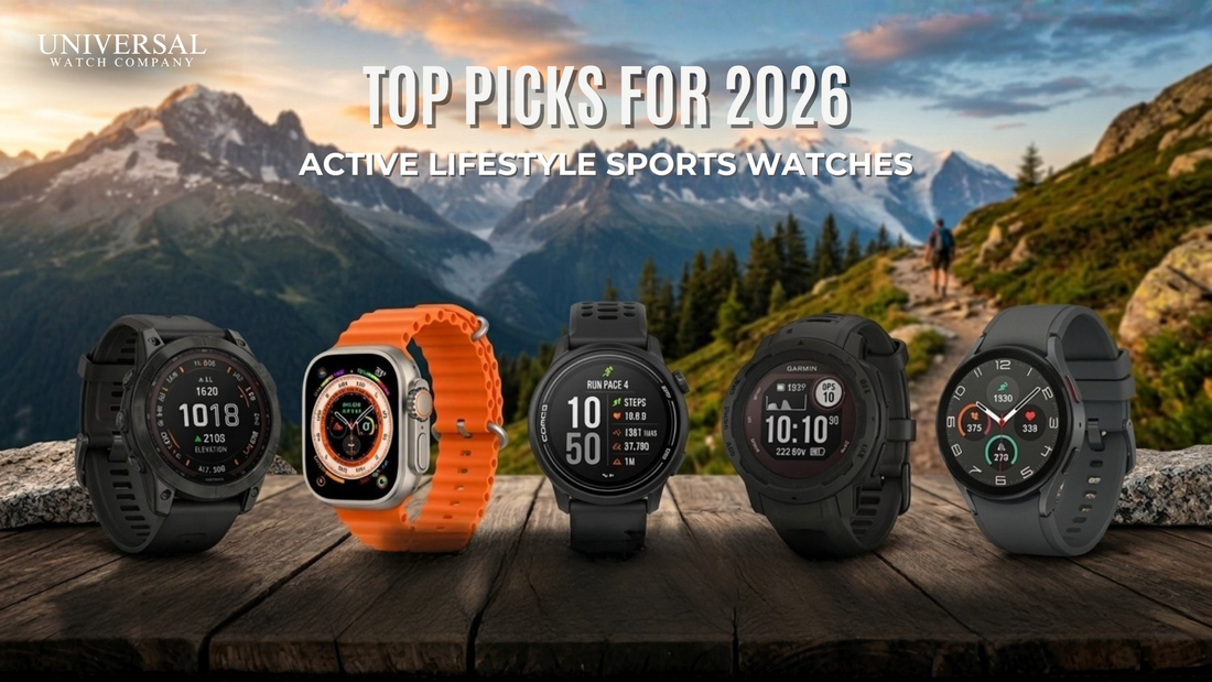  Five premium sports watches for men displayed against a mountain landscape with 2026 top picks.